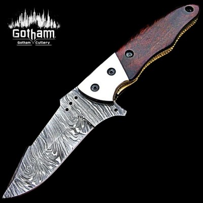 Handmade Damascus Folding Knife with Real Wood Handle