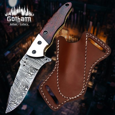 Handmade Damascus Folding Knife with Real Wood Handle