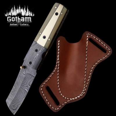 Handmade Damascus Steel Folding Knife with Leather Sheath