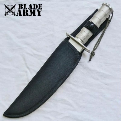 Silver Tactical Hunting Fixed Blade Knife with Nylon Sheath