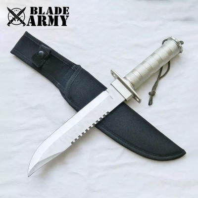 Silver Tactical Hunting Fixed Blade Knife with Nylon Sheath