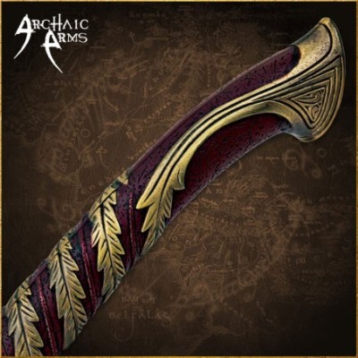 Detailed brass-plated Elven vine design on sword handle with simulated leather grip