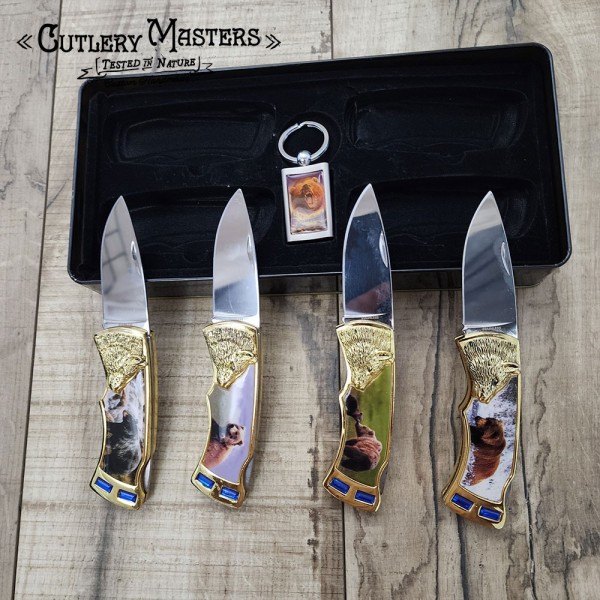 4-Piece Bear Collection Box Knife Set with Keychain