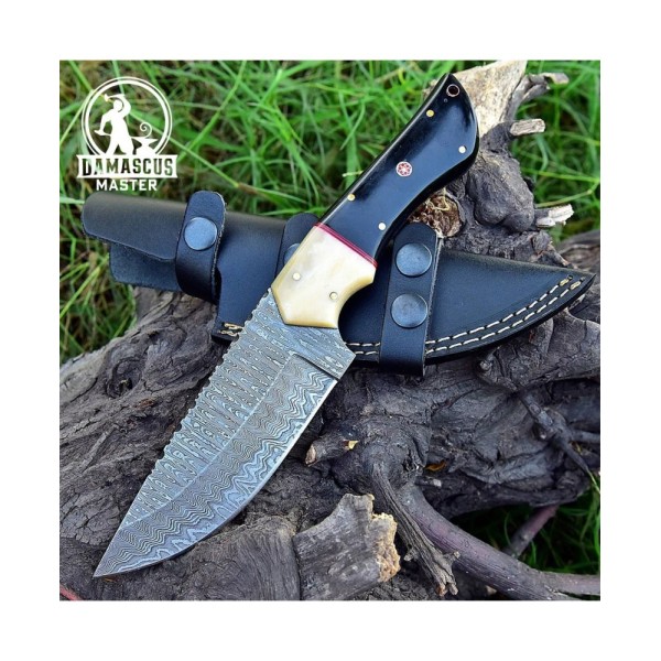 Handmade Damascus Steel Hunting Survival Knife With Leather Sheath