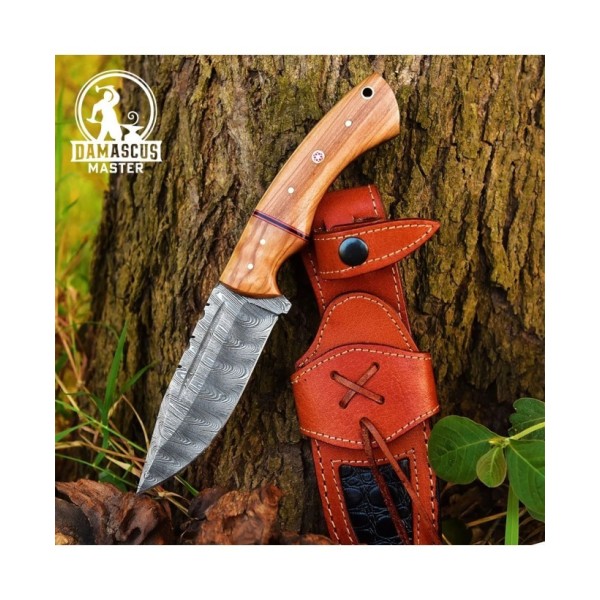 Custom Handmade Damascus Steel Hunting Fixed Blade Knife With Leather Sheath