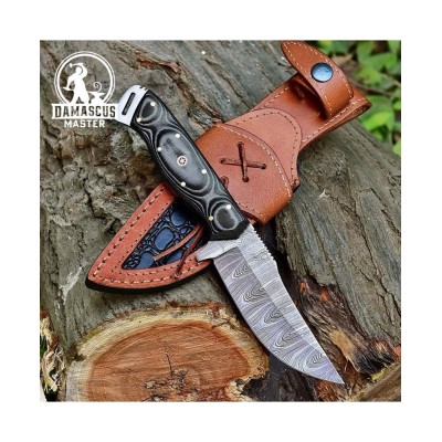 Handmade Damascus Steel Hunting Knife with Leather Sheath