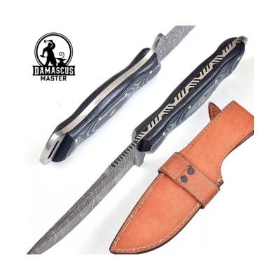 Handmade Damascus Steel Hunting Knife with Leather Sheath