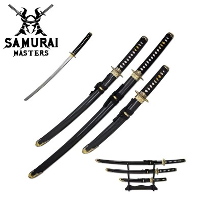 Two-Tone Dragon 3-Piece Samurai Katana Set with Display Stand