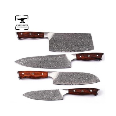 Rosewood Handle Raindrop Damascus Chef Knife Set with Cleaver