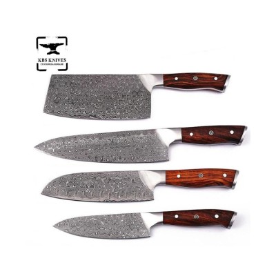 Rosewood Handle Raindrop Damascus Chef Knife Set with Cleaver