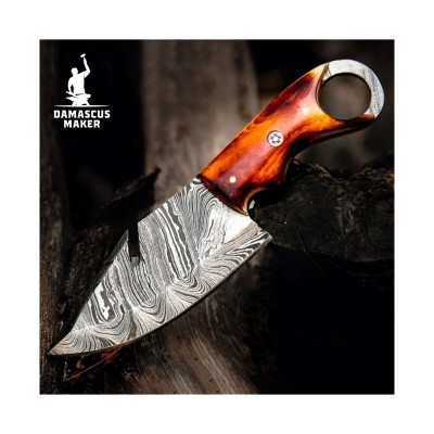 Damascus Steel Skinning Knife with Leather Sheath