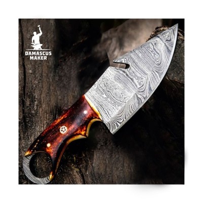 Damascus Steel Skinning Knife with Leather Sheath