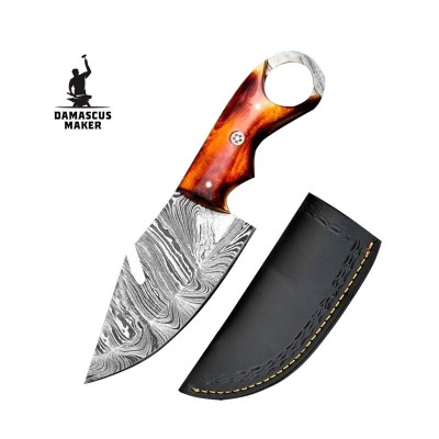 Damascus Steel Skinning Knife with Leather Sheath