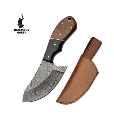 Damascus Skinning Knife with Leather Sheath for Outdoors
