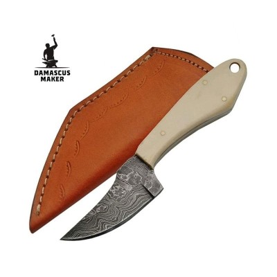 Bone Handle Damascus Skinner Knife with Leather Sheath Bone Handle Damascus Skinner Knife with Leather Sheath