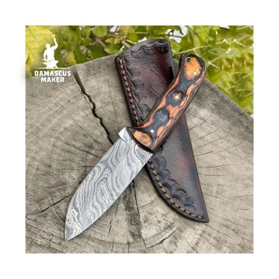 Handmade Damascus Steel Bushcraft Knife Ergonomic Olive Wood Handle