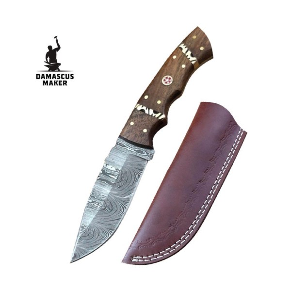 Handmade Damascus Bushcraft Knife with Camel Bone and Walnut Wood Handle