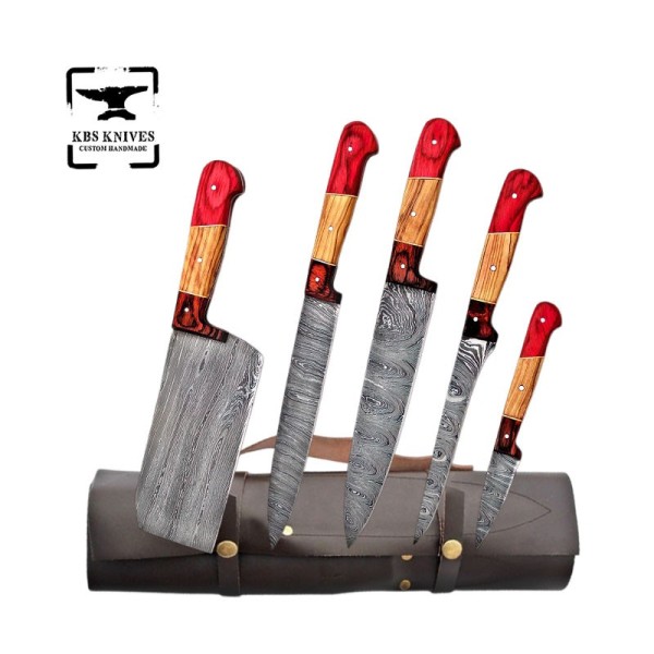 Handmade 5 pcs Beautiful Chef knives Set With Color Wood Handle and Cow Leather Sheath