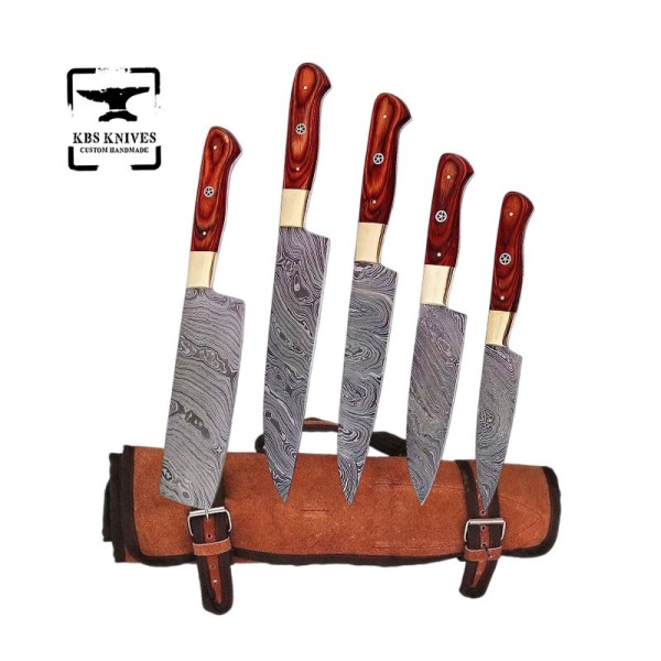 5-Piece Professional Handmade Damascus Steel Chef Knives Set with Wood & Brass Bolsters