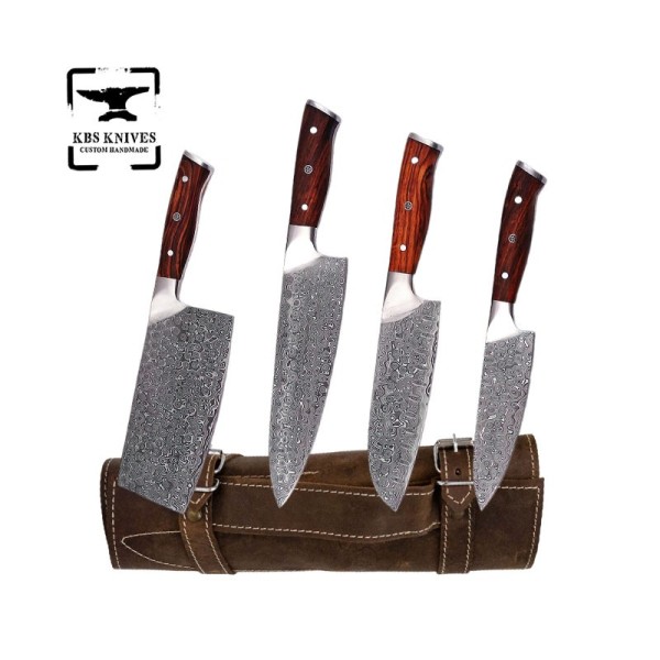 Rosewood Handle Raindrop Damascus Chef Knife Set with Cleaver