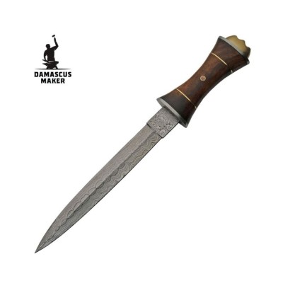 Wood Handle Damascus Dagger Knife