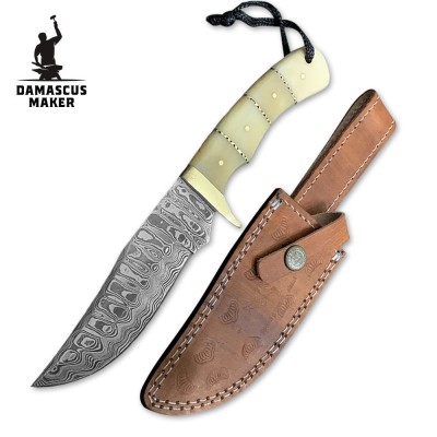 Handmade Damascus Bushcraft Knife with Buffalo Bone Handle