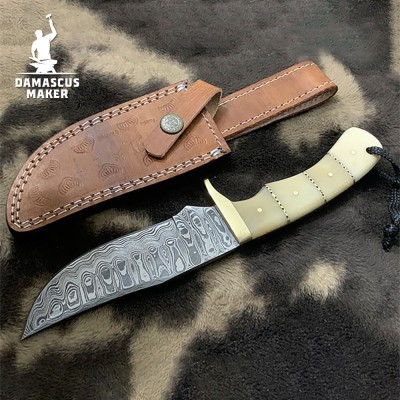 Handmade Damascus Bushcraft Knife with Buffalo Bone Handle