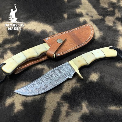 Handmade Damascus Bushcraft Knife with Buffalo Bone Handle