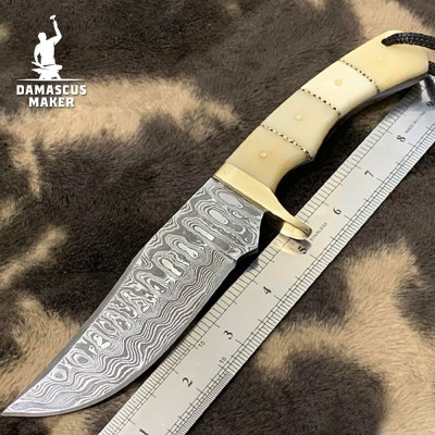 Handmade Damascus Bushcraft Knife with Buffalo Bone Handle