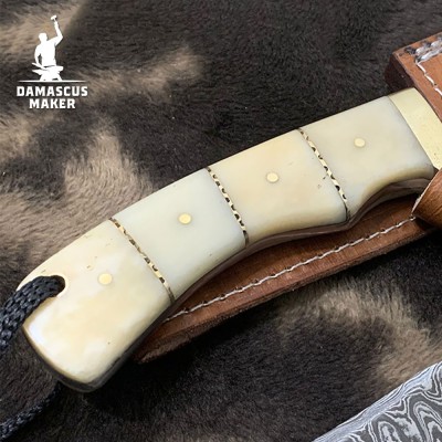 Handmade Damascus Bushcraft Knife with Buffalo Bone Handle