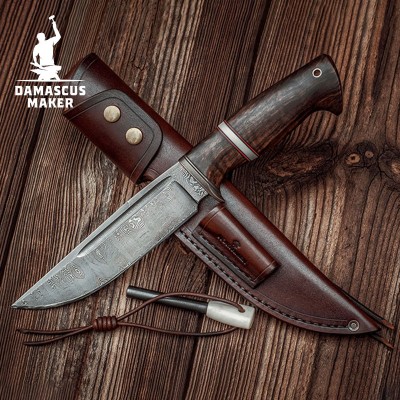 Custom Made Damascus Bushcraft Knife with Walnut Wood Handle