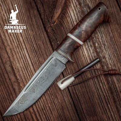 Custom Made Damascus Bushcraft Knife with Walnut Wood Handle