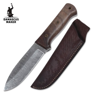 Handmade Damascus Bushcraft Knife with Chestnut Wood Handle