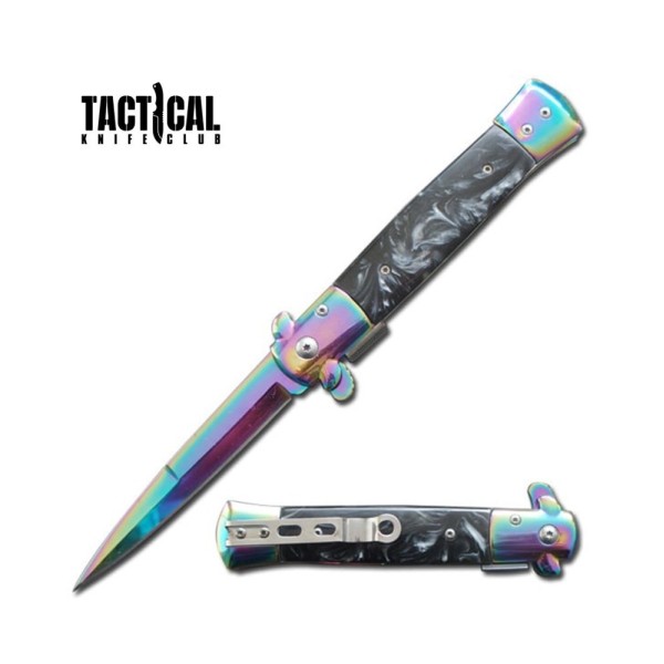 Rainbow Blade Stiletto Knife with Black Handle | Spring Assist