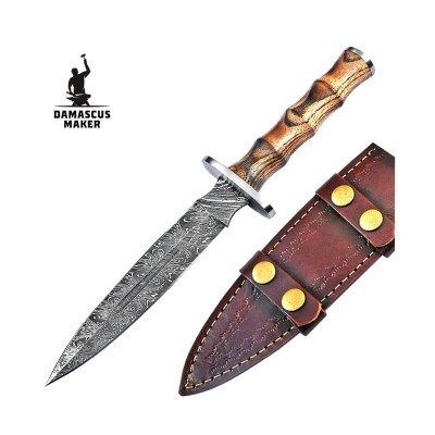 Damascus Steel Dagger Knife & Leather Sheath