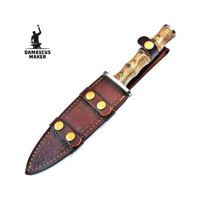 Damascus Steel Dagger Knife & Leather Sheath