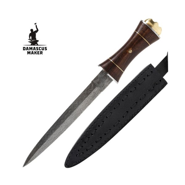 Wood Handle Damascus Steel Dagger Knife  with Leather Sheath