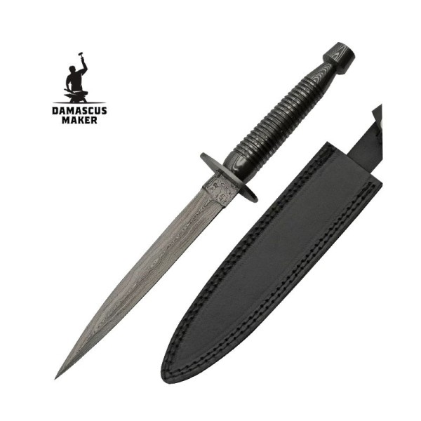 Damascus Steel Commando Dagger with Leather Sheath