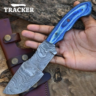 Handmade Damascus Steel Tracker Knife with Wood Handle