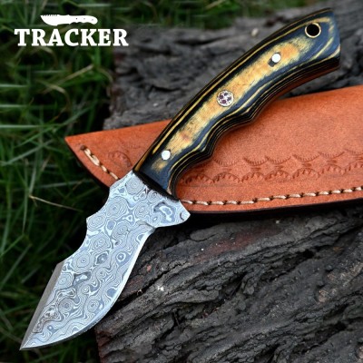 Custom Damascus Steel Tracker Knife with Color Bone Handle