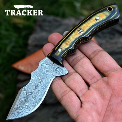 Custom Damascus Steel Tracker Knife with Color Bone Handle