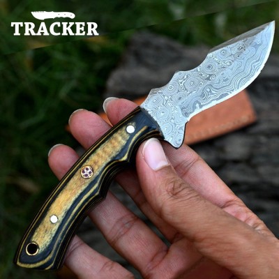 Custom Damascus Steel Tracker Knife with Color Bone Handle