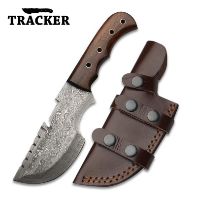 Hand-Forged Damascus Tracker Knife with Rosewood Handle & Sheath