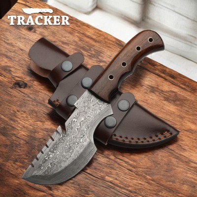 Hand-Forged Damascus Tracker Knife with Rosewood Handle & Sheath