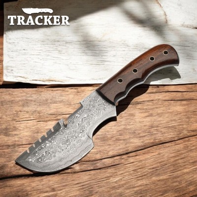 Hand-Forged Damascus Tracker Knife with Rosewood Handle & Sheath