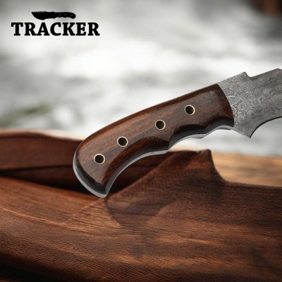 Hand-Forged Damascus Tracker Knife with Rosewood Handle & Sheath