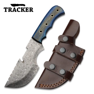 Hand-Forged Damascus Tracker Knife with Wood Handle & Leather Sheath