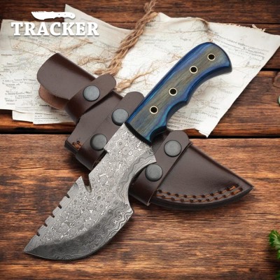 Hand-Forged Damascus Tracker Knife with Wood Handle & Leather Sheath