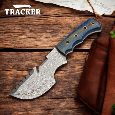 Hand-Forged Damascus Tracker Knife with Wood Handle & Leather Sheath