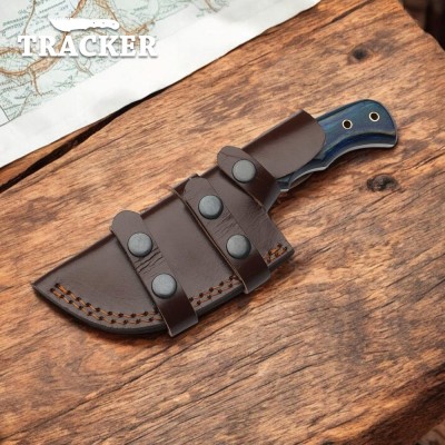 Hand-Forged Damascus Tracker Knife with Wood Handle & Leather Sheath